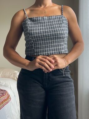 Molly Green Dark Academia Gingham Smocked Crop Tank Large